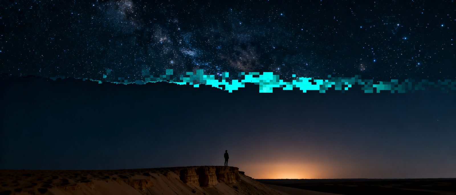 A lone figure on a desert cliff under a starry sky, with a cyan glitch band across the horizon